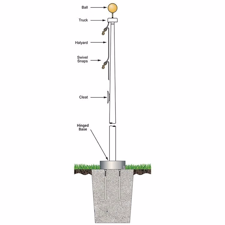 60' White Fiberglass Flagpole External Halyard - Hinged Base