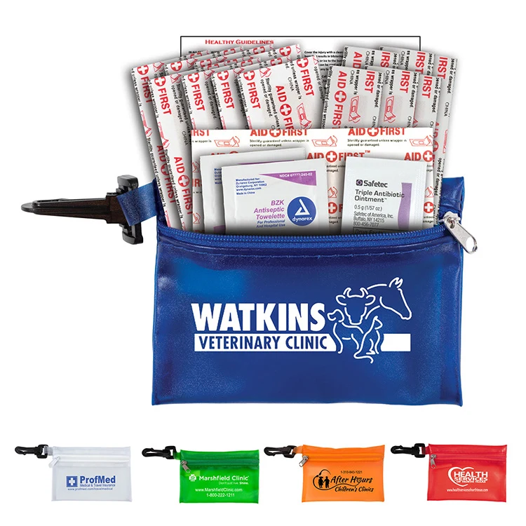 "MEDI" 19 Piece First Aid Kit in Translucent Zipper Kit with Plastic Carabiner Attachment 1