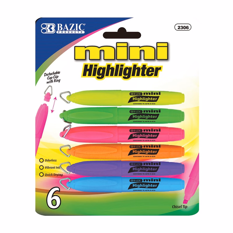 Mini Highlighters - Assorted Fluorescent Colors 5 Pack