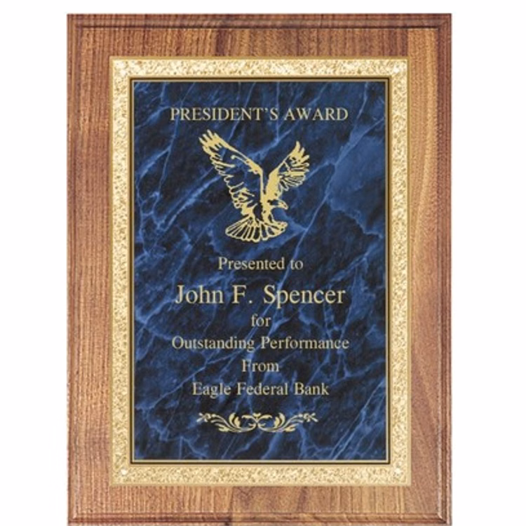 Genuine Walnut Square Edge Plaque with Solid Brass Blue Engraving Plate 7" x 9" Award