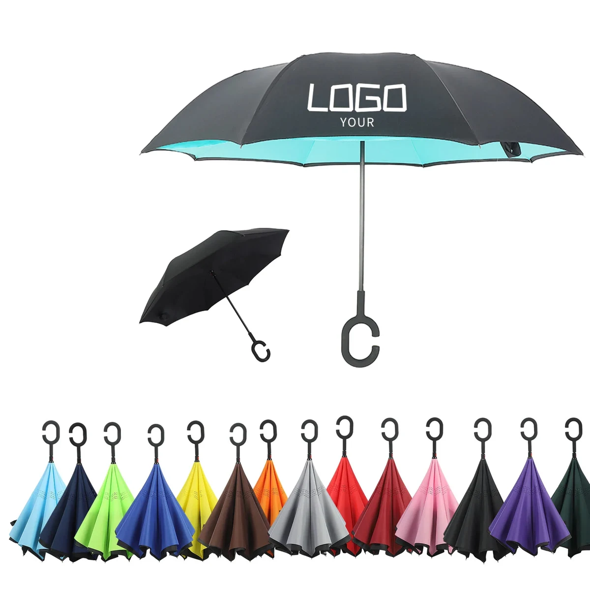 Portable Double Layer Inverted C Handle Reverse Umbrella 1
