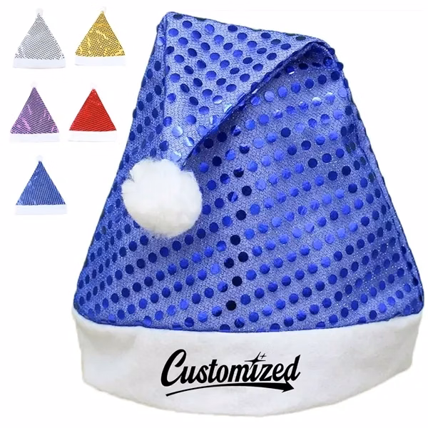 Custom Shimmering Sequin Santa Hat with White Pom — Holiday Corporate Gift