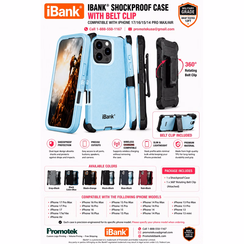 iBank ® iPhone 17 Shockproof Case with Belt Clip and a kickstand