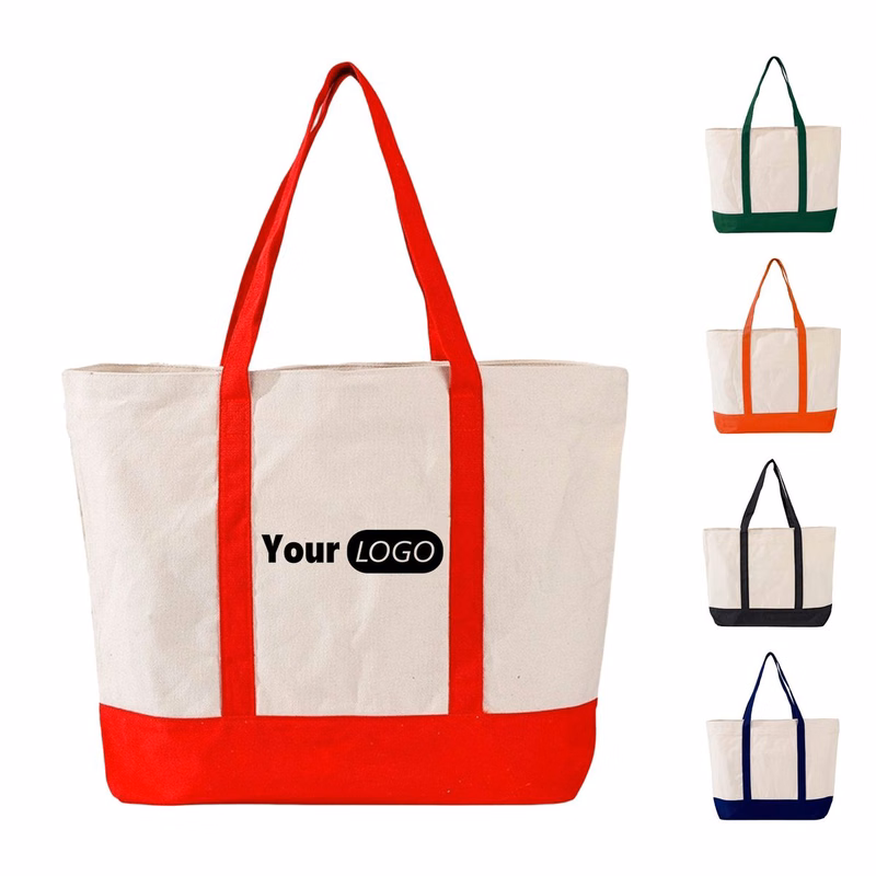 Zipper Top Polyester Cotton Tote Bag With Contrast Handle
