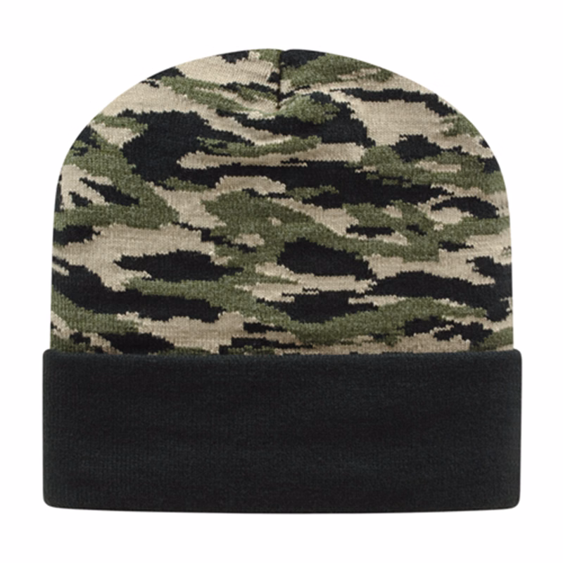 Vintage Tiger Camouflage Knit Cap with Solid Color Cuff