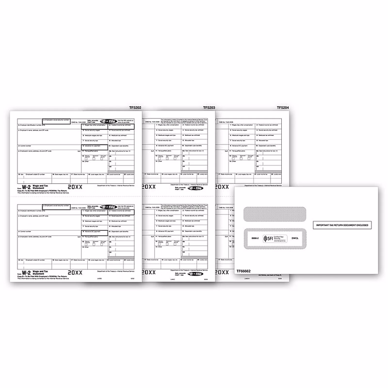 W-2 Tax Forms Set & Envelope Kit, Laser, 5-Part - 50 Sets/Pk