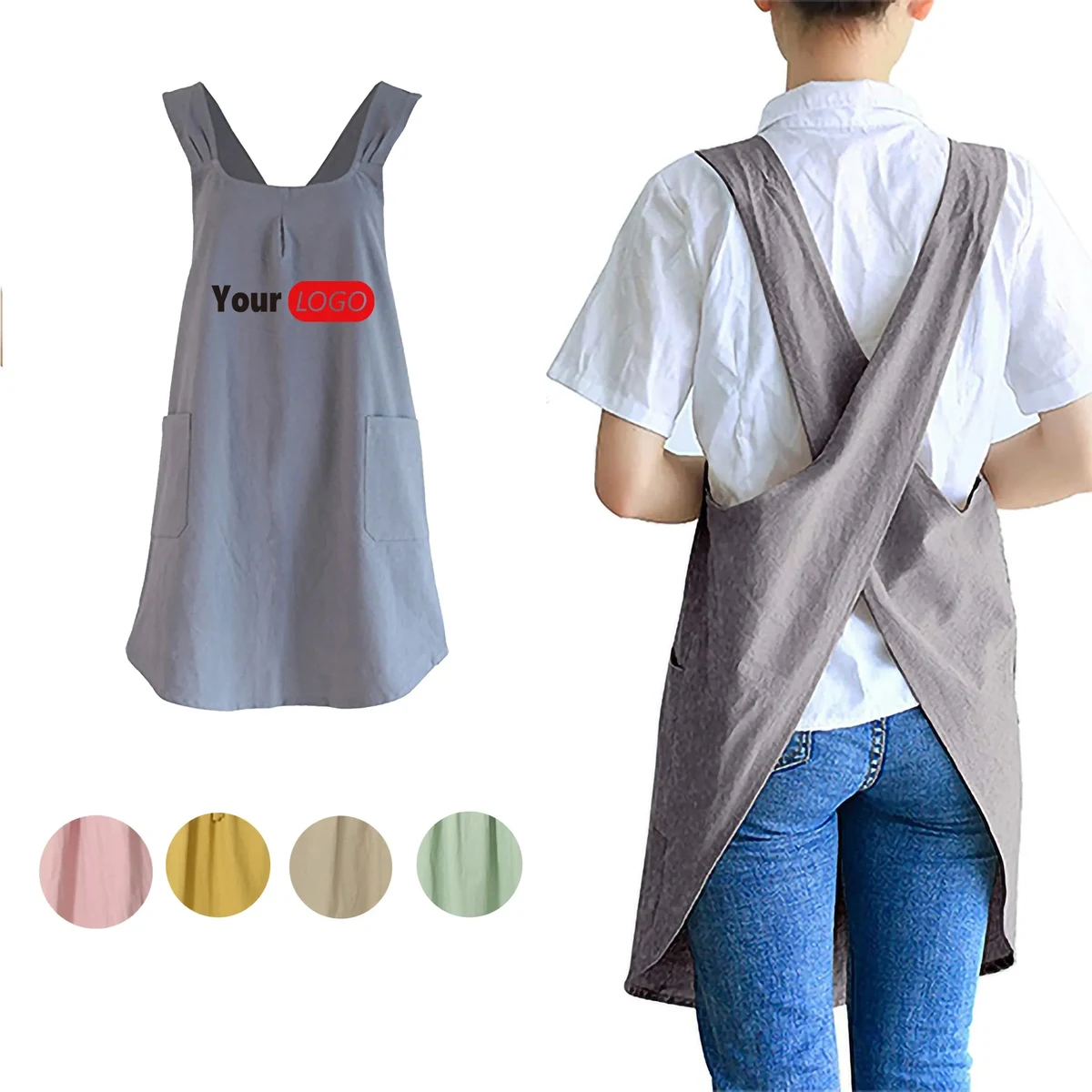 Versatile Cotton Linen Apron Cross-Back Straps Dual Pockets 1
