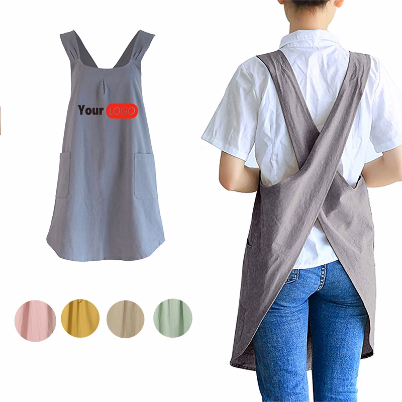 Versatile Cotton Linen Apron  Cross-Back Straps Dual Pockets