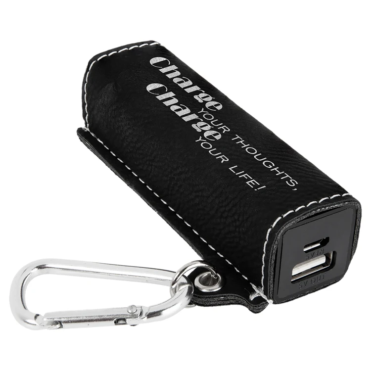 Black/Silver Leatherette 2200 mAh Power Bank with USB Cord 1