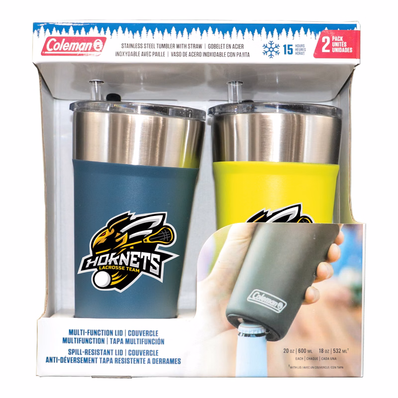 20 oz. Green and Blue Stainless Steel Coleman Tumblers with Straw