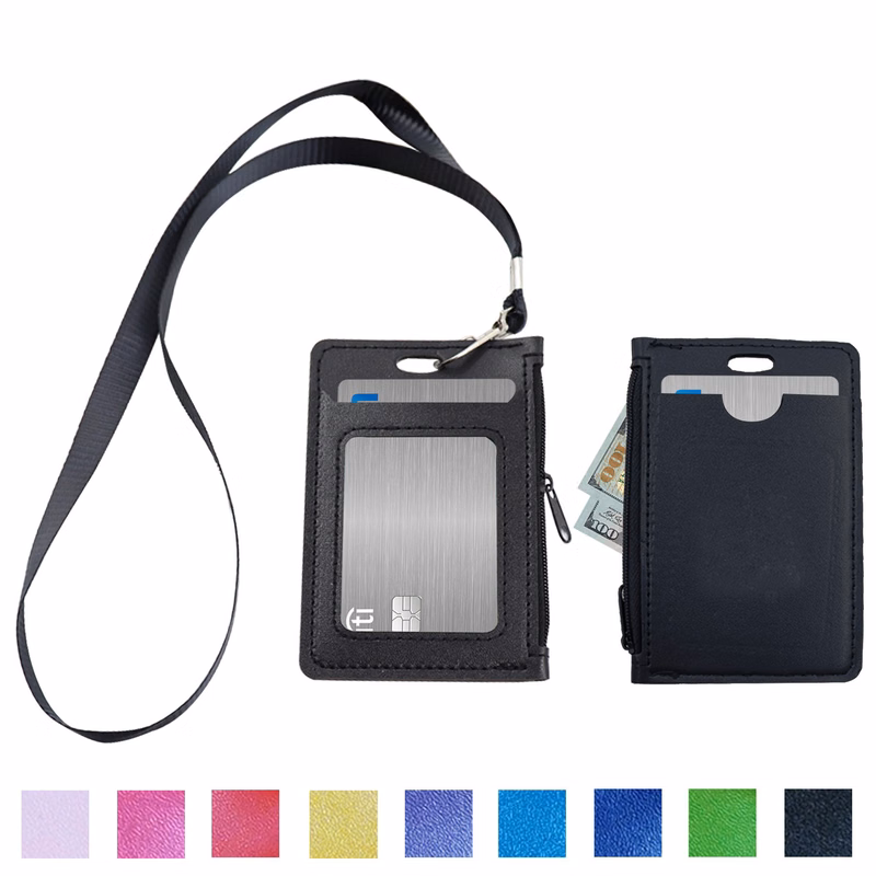 Lanyard PU Leather Card Holder With Zippered Pocket