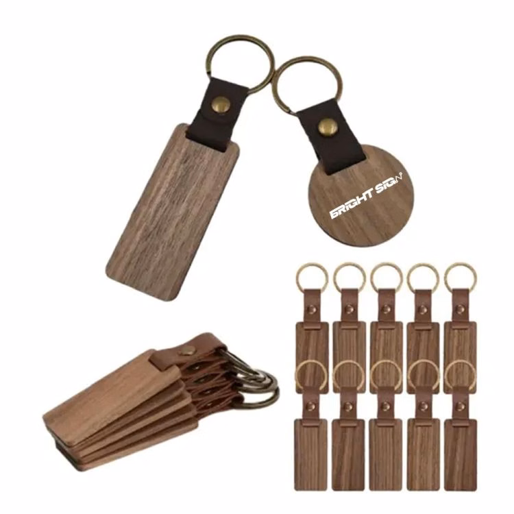 Engraved Wooden & Leather Strap Keychain