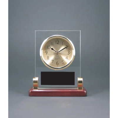 6 1/2" Rectangle Glass Desk Clock with Metal Posts & Rosewood Piano Finish 1