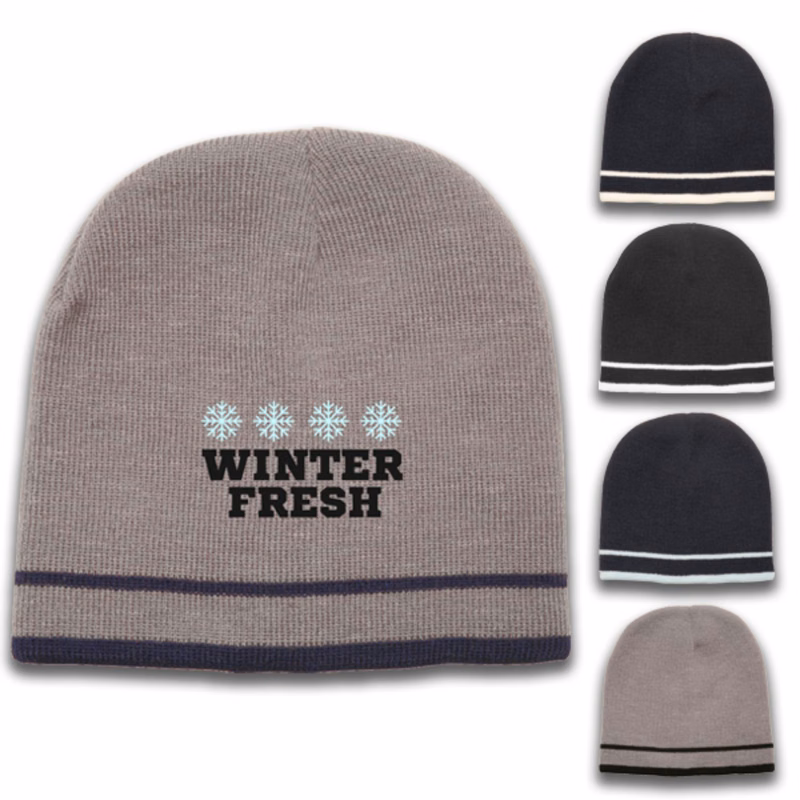 Acrylic Knit embroidered beanies w/ Double stripe