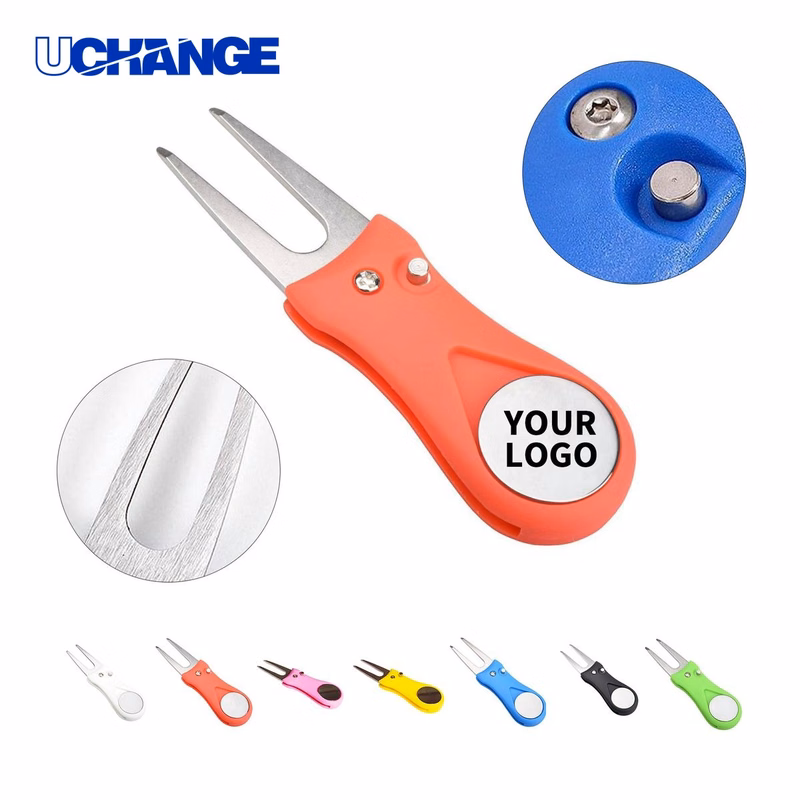 Foldable Golf Divot Tool with Spring Button and Ball Marker