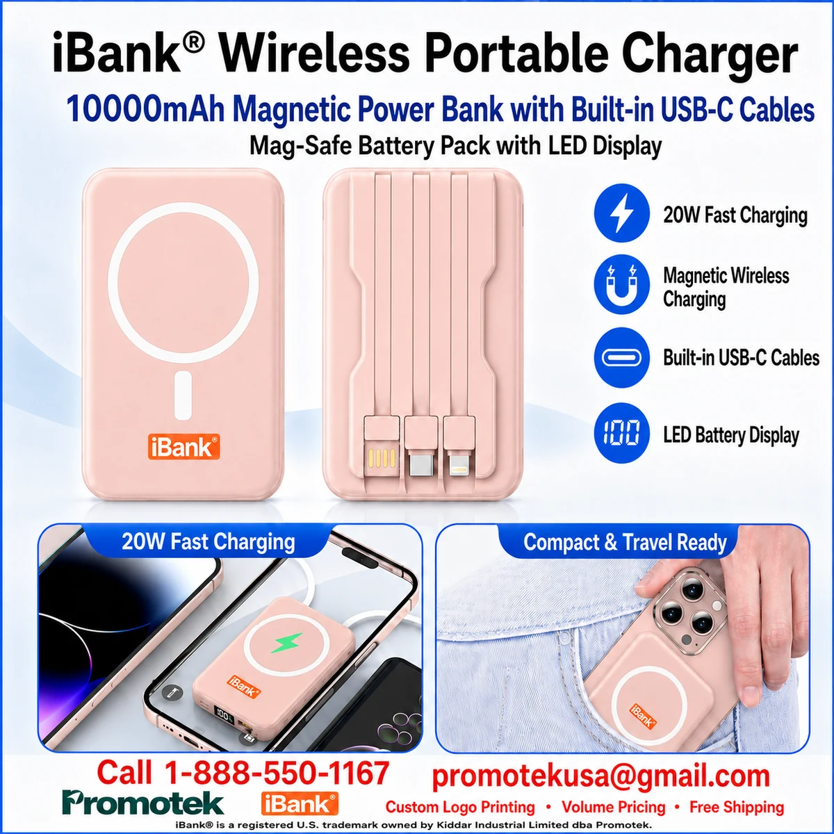 iBank® Wireless Portable Charger, 10000mAh Magnetic Power Bank with Built-in USB C Cable 1