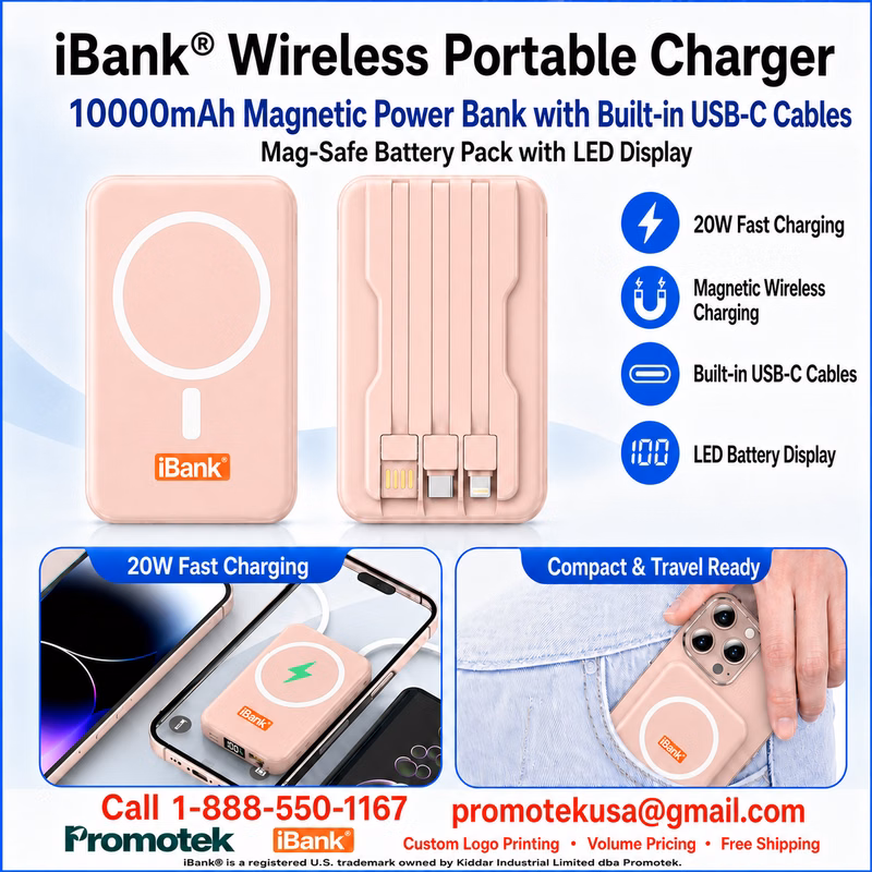 iBank® Wireless Portable Charger, 10000mAh Magnetic Power Bank with Built-in USB C Cable
