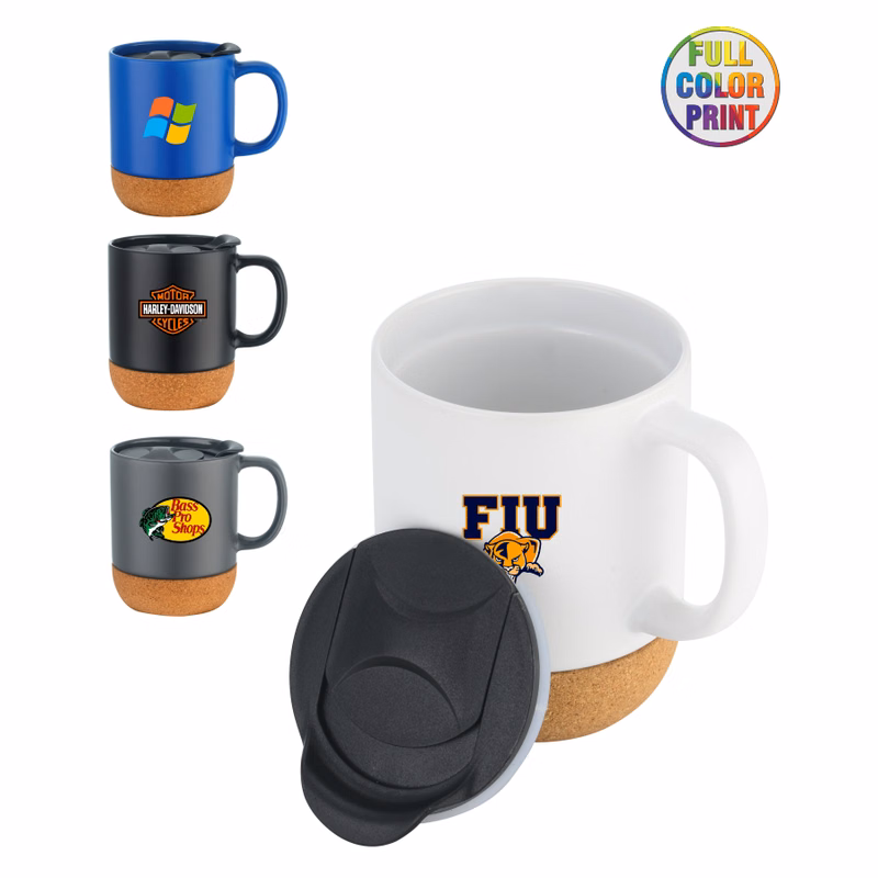 Union Printed - 12oz cork base ceramic mug w/ lid
