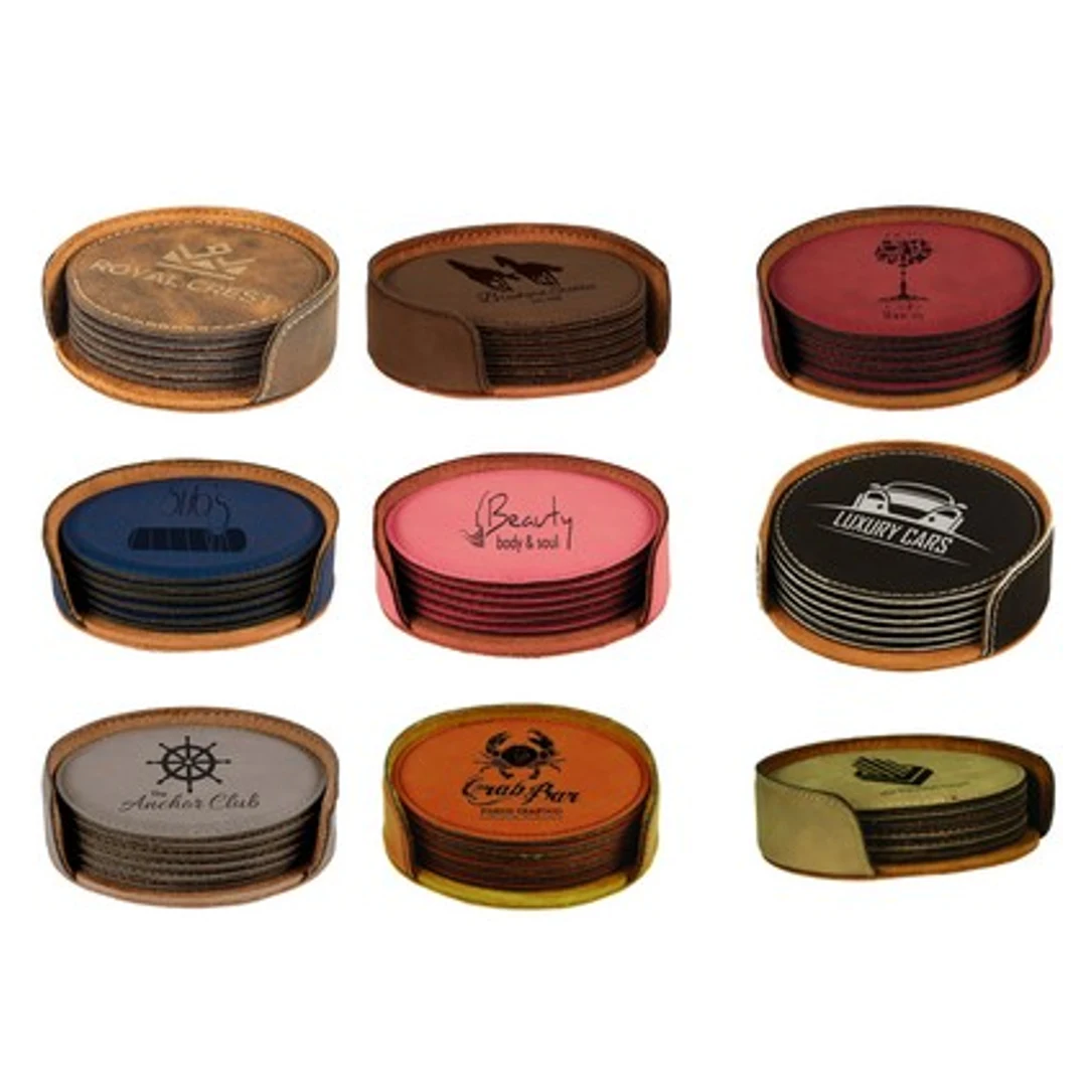 4" Round Laserable Leatherette Set of 6 Coasters Laser Engraved 1