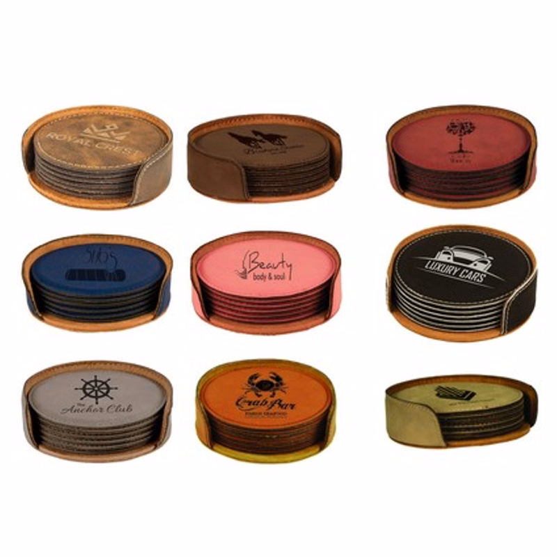 4" Round Laserable Leatherette Set of 6 Coasters Laser Engraved