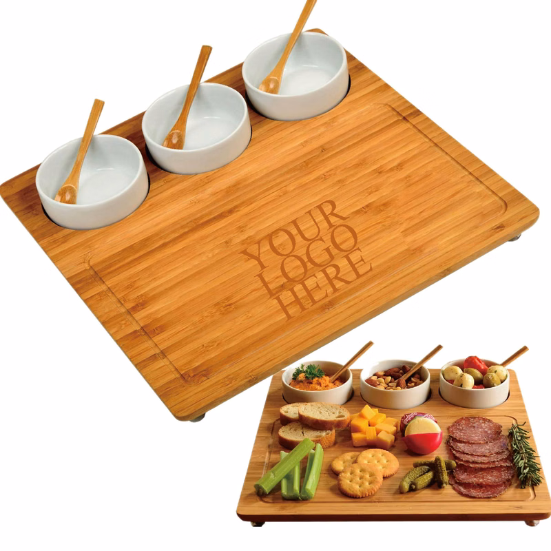 Bamboo Cutting Board with Ceramic Dish