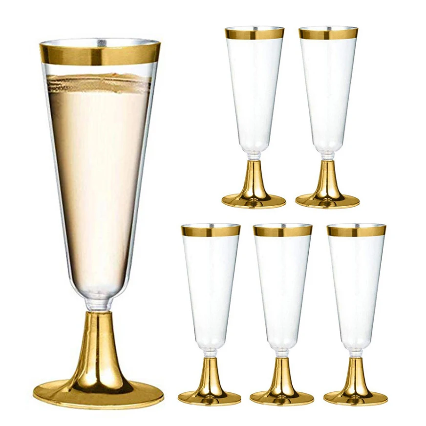 5 OZ Plastic Wine Glasses Clear Gold Rim Goblet 1