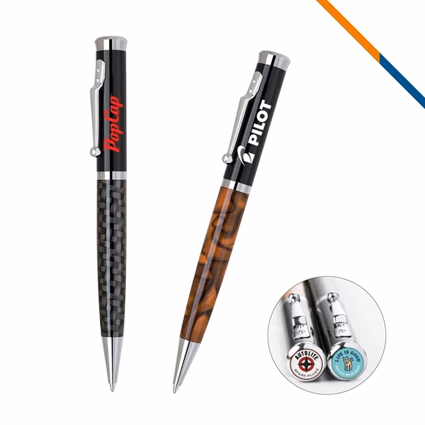 Custom 5.5 Inch Brass Ballpoint — Carbon Fiber Marble Pattern Trade Show Gift