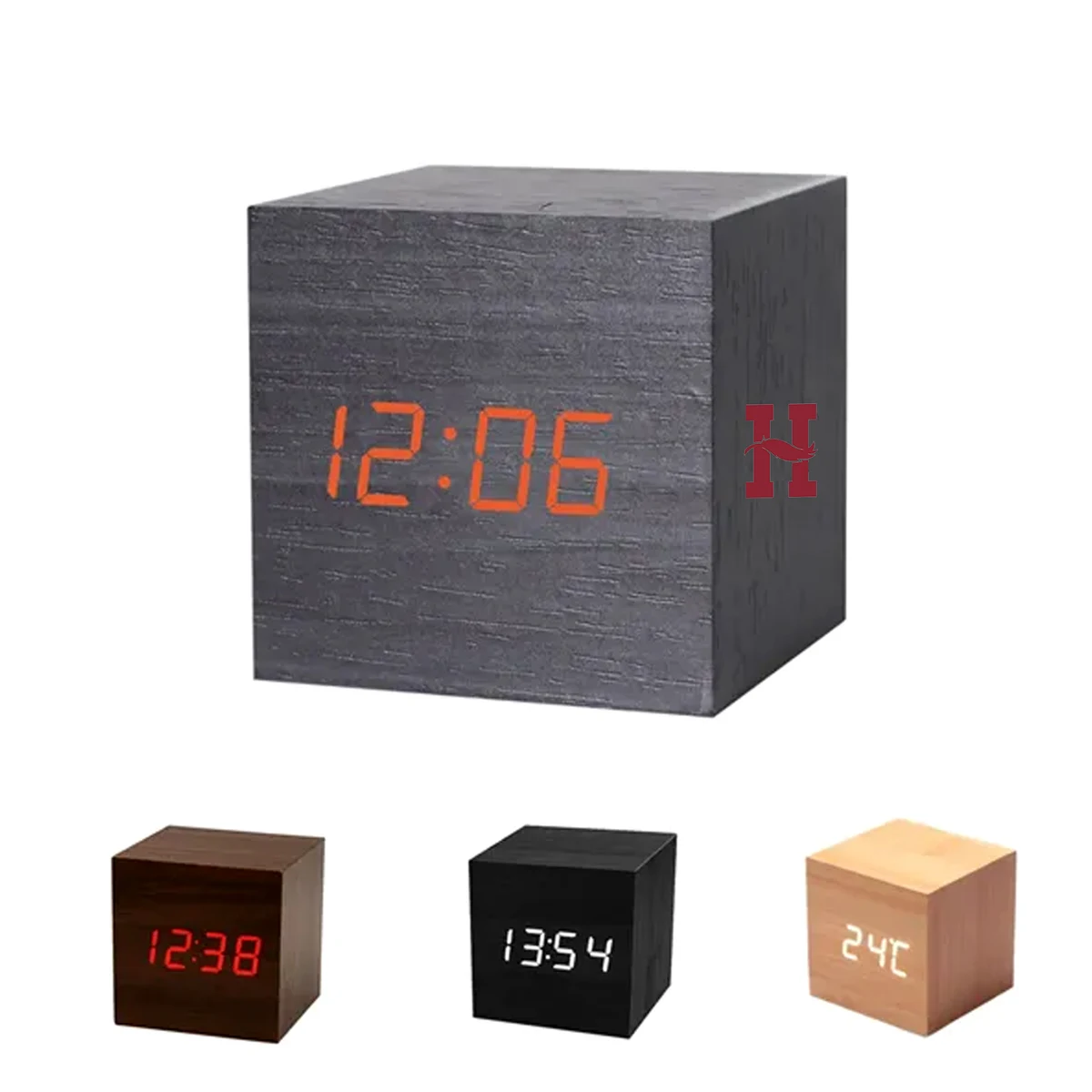 Eco Bamboo LED Cube Clock with Alarm Function 1
