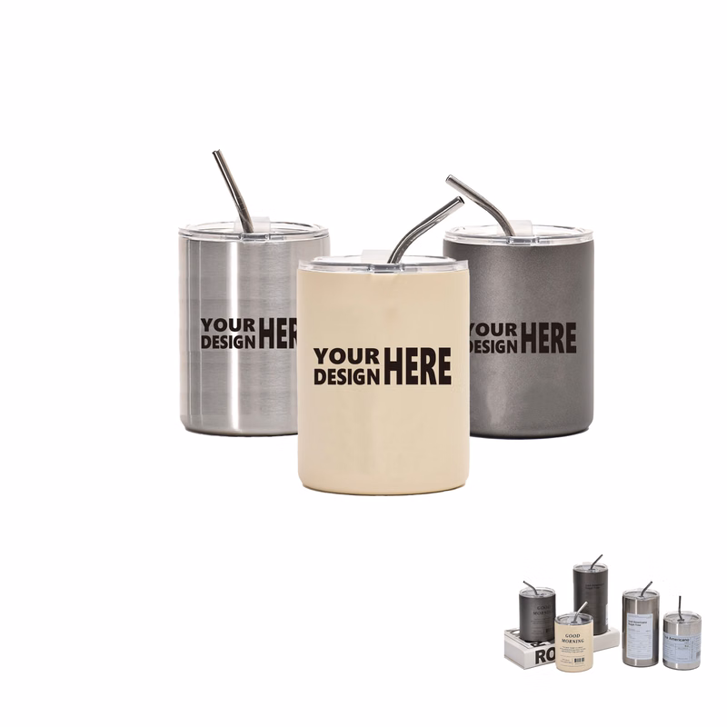 MOQ100 12oz Stainless Steel Coffee Cup With Straw Lid