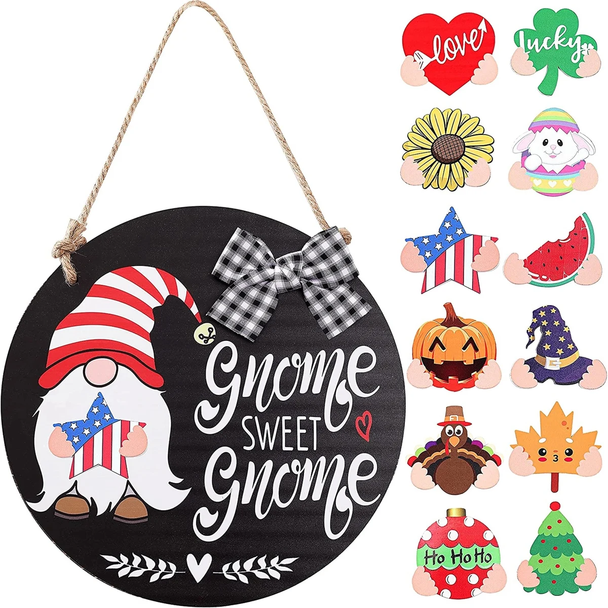 Interchangeable Seasonal Gnome Welcome Wreath Sign 1