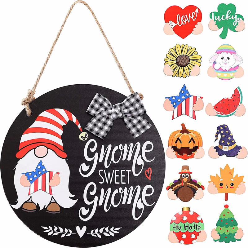 Interchangeable Seasonal Gnome Welcome Wreath Sign