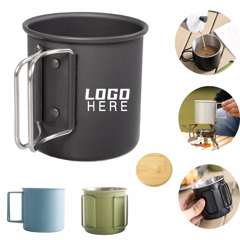 10oz Outdoor Cup Camping Mug With Folding Handle And Wooden