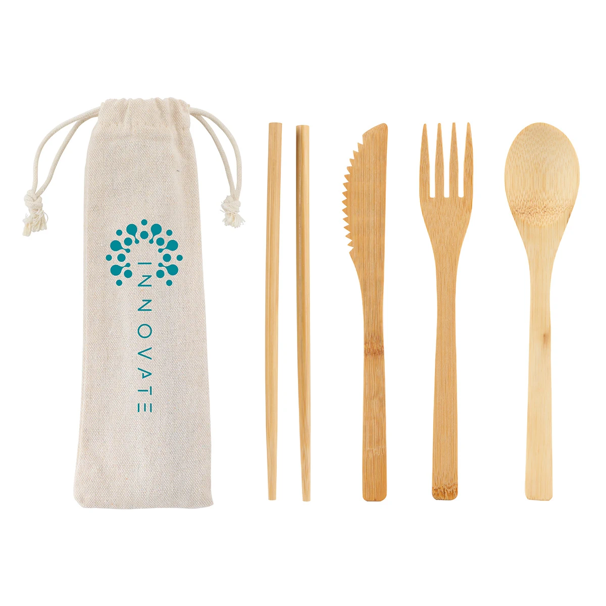 Bamboo Cutlery Set In Cotton Drawstring Pouch 1