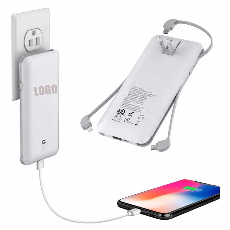 10000mAh Power Bank w/Built-in AC Wall Plug Cables