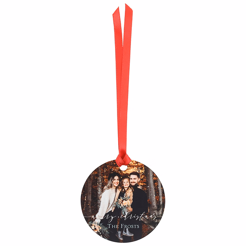 Merry Christmas Script Round Metal Ornament