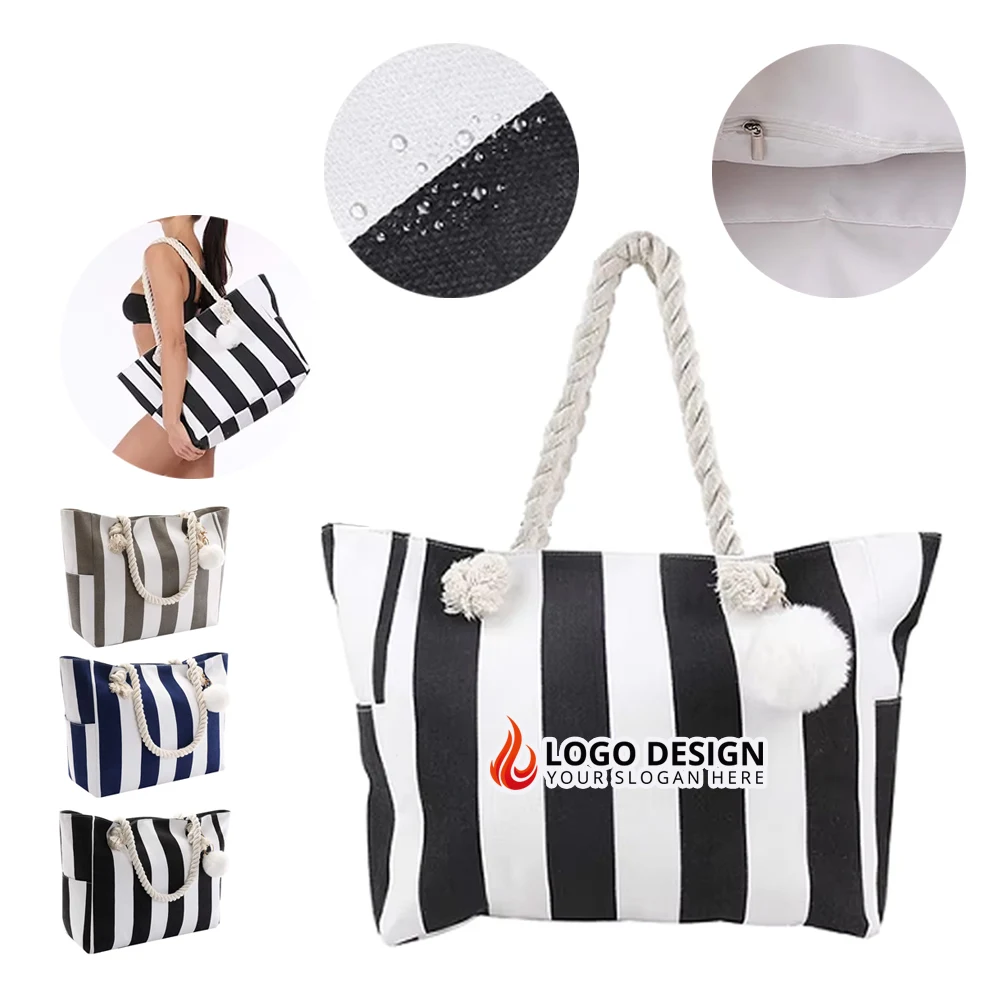 Waterproof Canvas Striped Beach Tote Bag 1