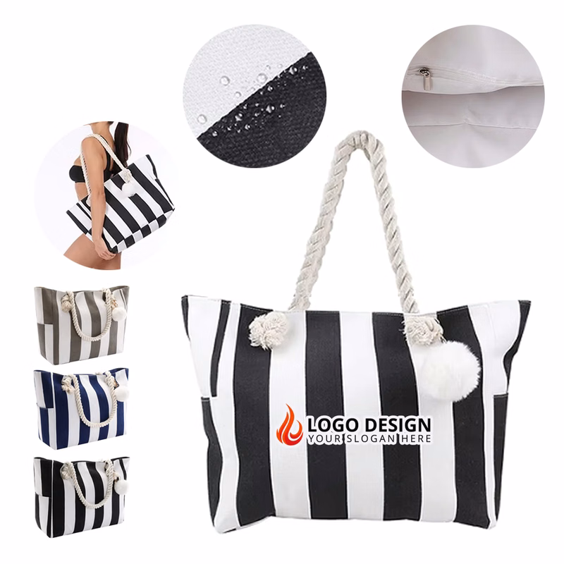 Waterproof Canvas Striped Beach Tote Bag