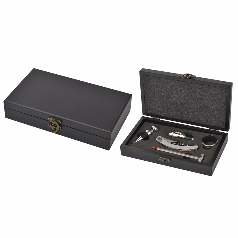 Five Piece Wine Opener Set W/Black Wood Case