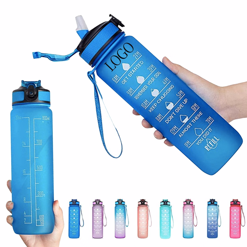 Drinking Water Bottle with Time Marker & Straw