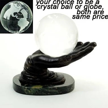 Crystal Ball or Globe on Bronzed Solid Brass hand Holder on Marble Base 1