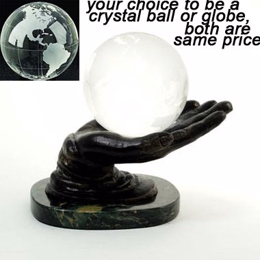 Crystal Ball or Globe on Bronzed Solid Brass hand Holder on Marble Base