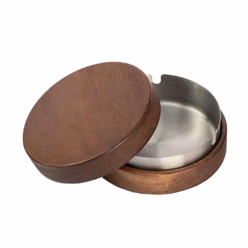 Wooden Round Windproof Ashtray w/ Lid