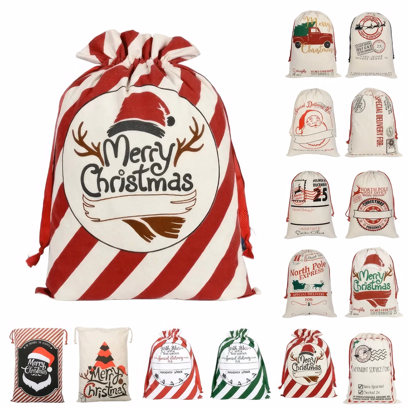 Large Christmas Canvas Gift Bag with Drawstring