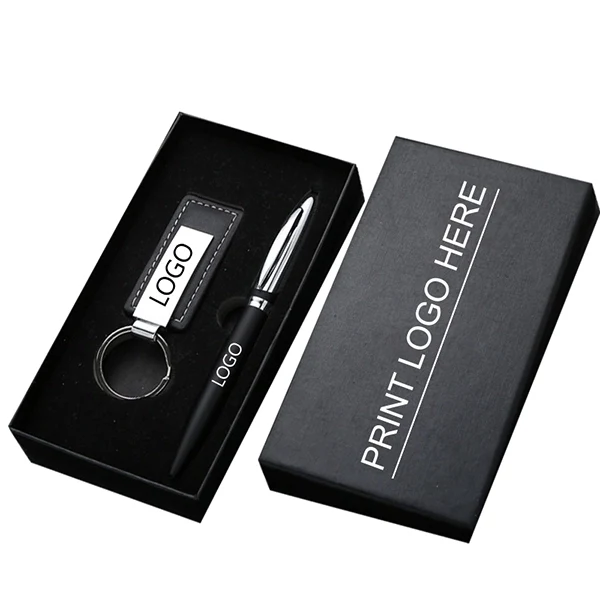 Metal pen with leather keychain gifts kit 1