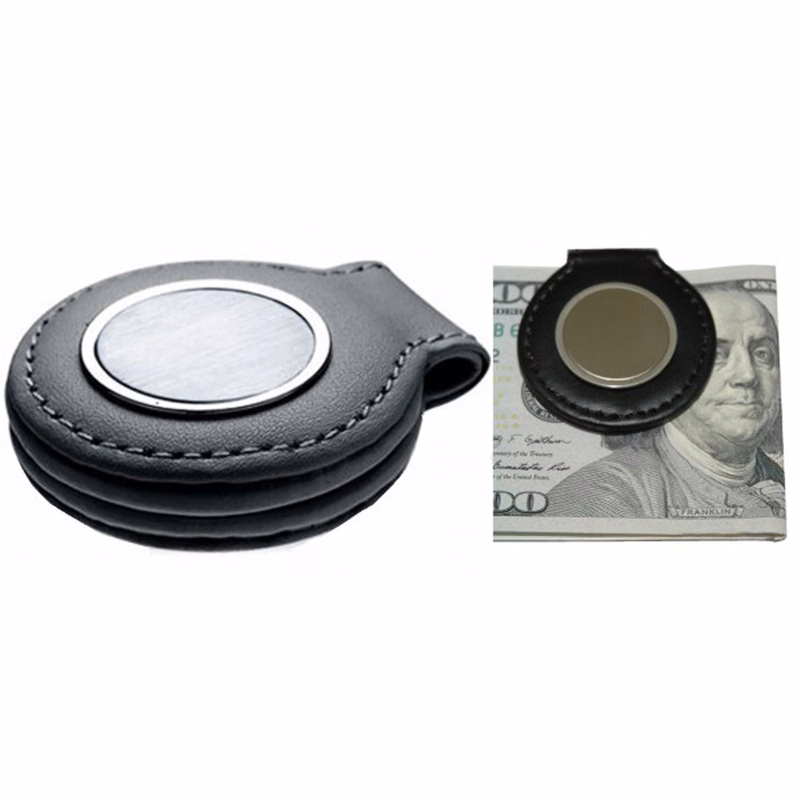 Magnetic Leather Money Clip & Card w / Round Plate.