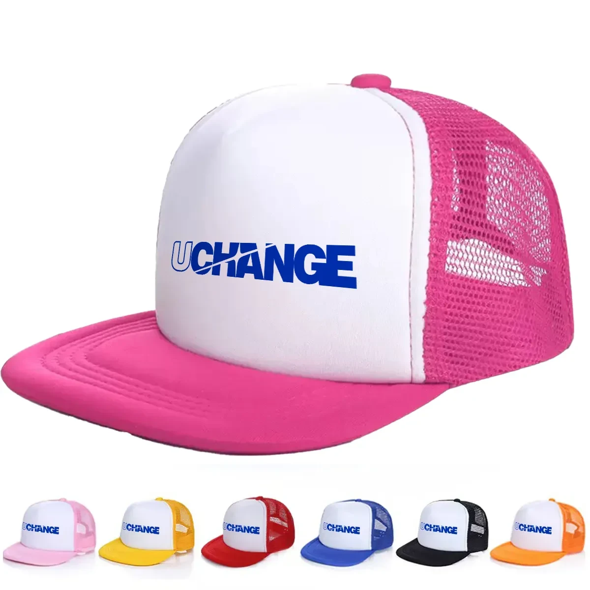 Pink Customizable Flat Bill Mesh Back Trucker Hat 1