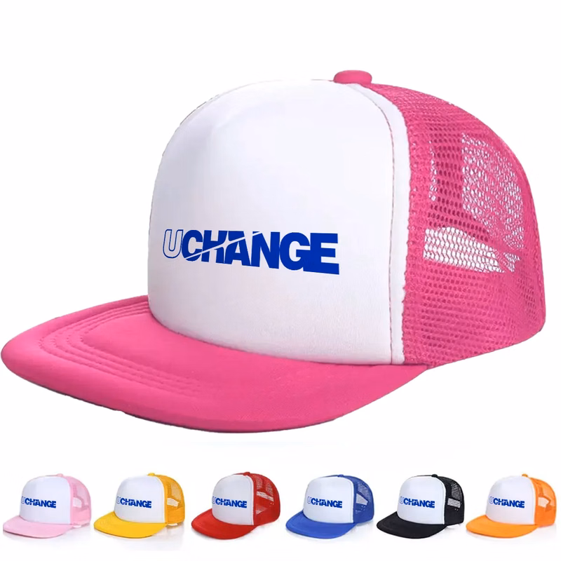 Pink Customizable Flat Bill Mesh Back Trucker Hat