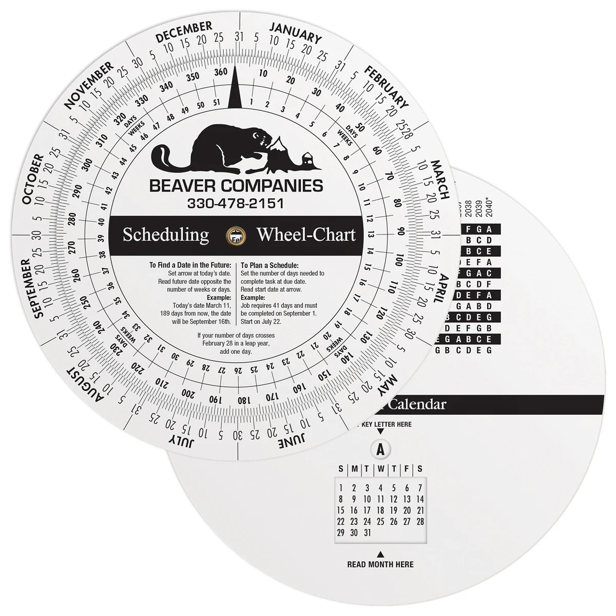 .020 White Plastic Wheel Calculator / Perpetual Calendar & Scheduling (6" dia.) Spot Colour Imprint 1