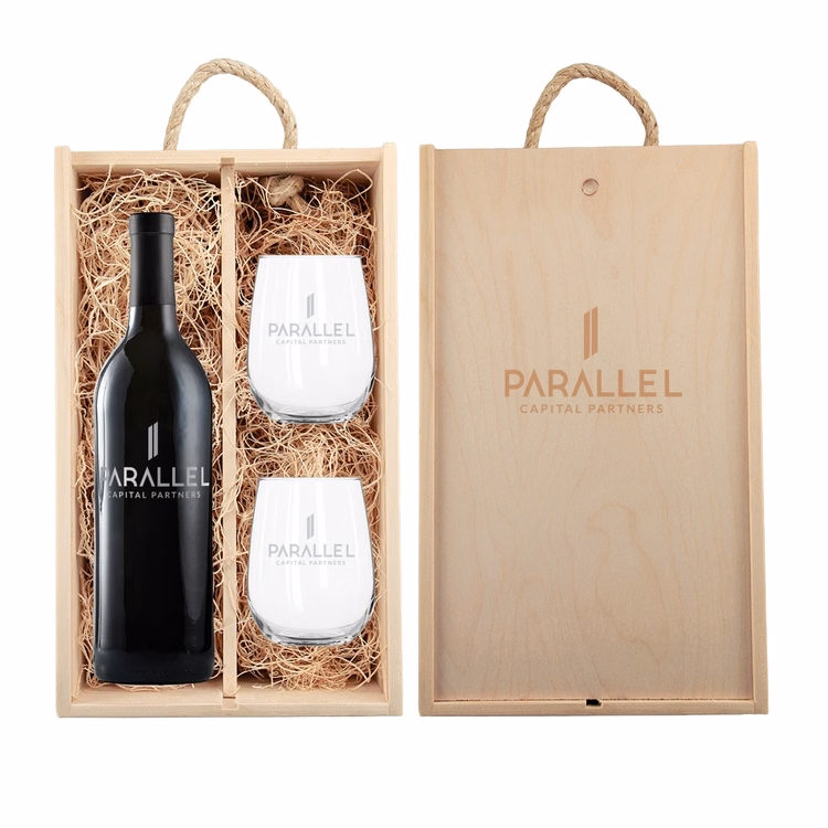 Laser-Engraved Double Wood Box, Custom Etched Wine Bottle + Glasses