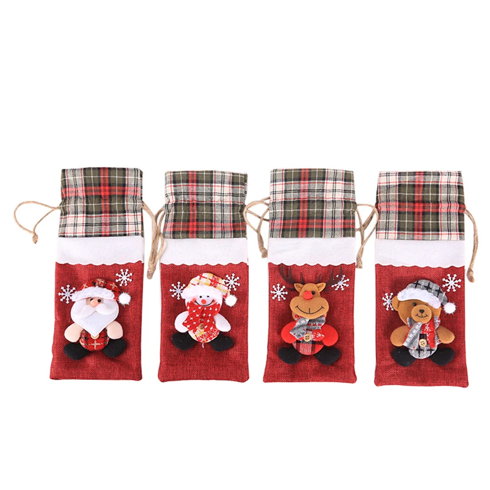 Christmas Wine Bottle Doll Plaid Drawstring Bag 1